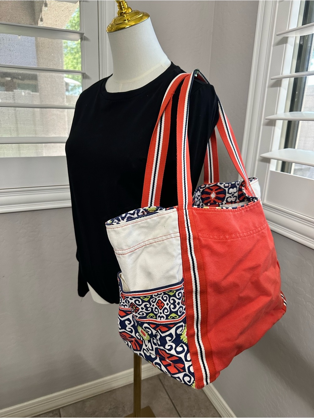 Canvas Tote Bag in Orange with Patterned Trim